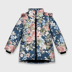 Куртка зимняя для девочки Цветущие розы, цвет: 3D-черный