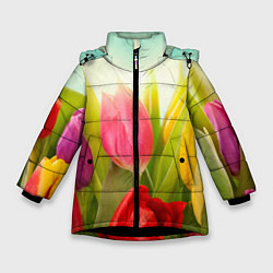 Куртка зимняя для девочки Цветущие тюльпаны, цвет: 3D-черный