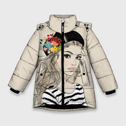 Куртка зимняя для девочки Парижанка в берете, цвет: 3D-черный