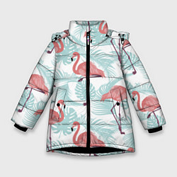 Зимняя куртка для девочки Узор фламинго и тропических растений