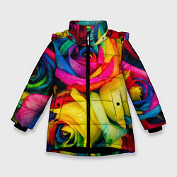 Куртка зимняя для девочки Разноцветные розы, цвет: 3D-черный
