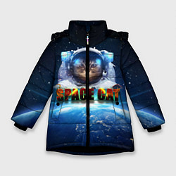 Куртка зимняя для девочки Космический кот, цвет: 3D-черный