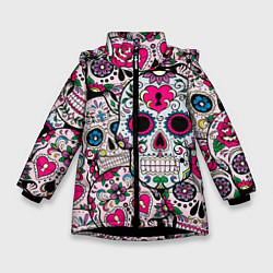 Куртка зимняя для девочки Весёлые черепа, цвет: 3D-черный