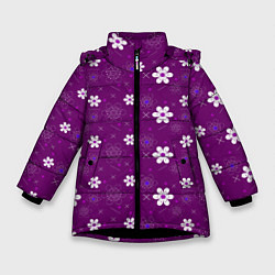 Зимняя куртка для девочки Узор цветы на фиолетовом фоне