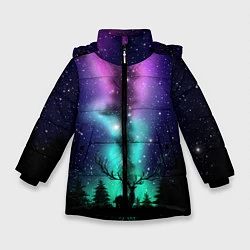 Куртка зимняя для девочки Силуэт оленя северное сияние, цвет: 3D-черный