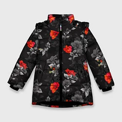 Куртка зимняя для девочки Красные цветы, цвет: 3D-черный