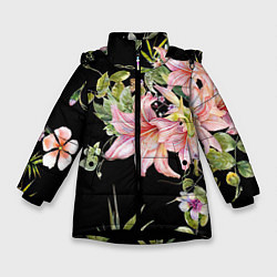 Куртка зимняя для девочки Букет лилий, цвет: 3D-черный