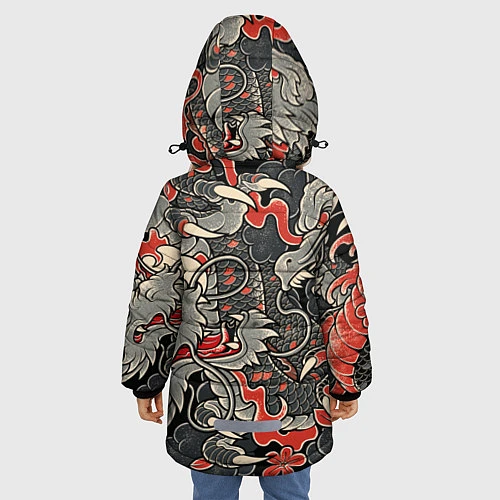 Зимняя куртка для девочки Самурай Якудза, драконы / 3D-Черный – фото 4