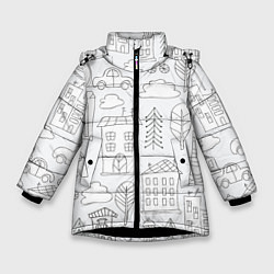 Куртка зимняя для девочки Нарисованный город, цвет: 3D-черный