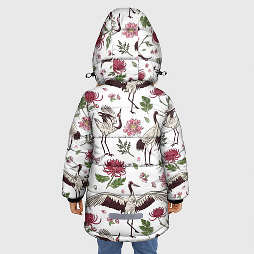 Зимняя куртка для девочки Узор с журавлями / 3D-Черный – фото 4