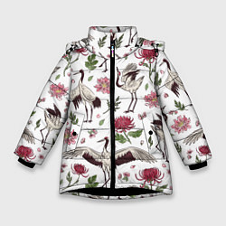 Куртка зимняя для девочки Узор с журавлями, цвет: 3D-черный