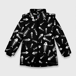 Куртка зимняя для девочки Скелеты рыб, цвет: 3D-черный