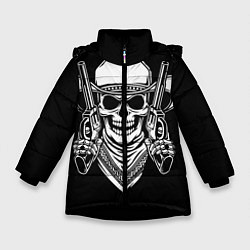 Куртка зимняя для девочки Череп ковбоя с пистолетами, цвет: 3D-черный