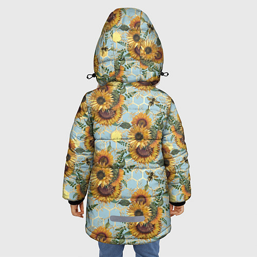 Зимняя куртка для девочки Подсолнухи и пчёлы на голубом / 3D-Черный – фото 4
