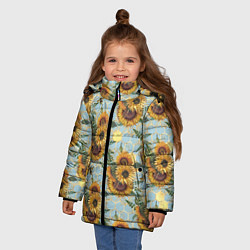 Куртка зимняя для девочки Подсолнухи и пчёлы на голубом, цвет: 3D-черный — фото 2