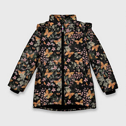 Куртка зимняя для девочки Ретро узор Бабочки, цвет: 3D-черный