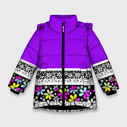 Куртка зимняя для девочки Яркий фиолетовый цветочный, цвет: 3D-черный