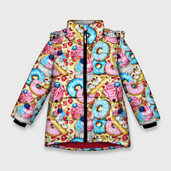 Куртка зимняя для девочки Вкусный узор из сладостей, цвет: 3D-красный