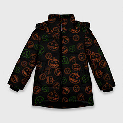 Куртка зимняя для девочки Хэллоуин тыквы и корона, цвет: 3D-черный