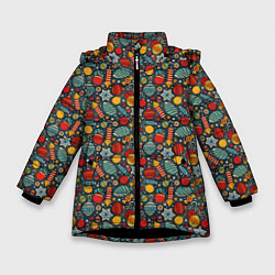 Куртка зимняя для девочки Новогодняя Праздничная Символика, цвет: 3D-черный