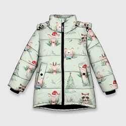 Куртка зимняя для девочки Олени, медведи и еноты, цвет: 3D-черный