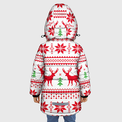 Зимняя куртка для девочки Новогодний узор с оленями / 3D-Красный – фото 4
