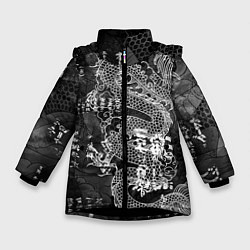 Куртка зимняя для девочки Dragon Fire Иероглифы Японский Дракон, цвет: 3D-черный