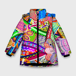 Куртка зимняя для девочки Разноцветные яркие рыбки на абстрактном цветном фо, цвет: 3D-черный