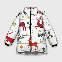 Куртка зимняя для девочки Новогодние Олени Снежинки, цвет: 3D-светло-серый