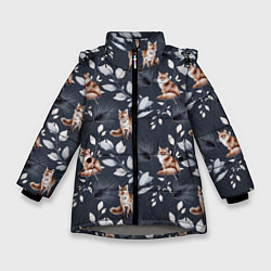 Зимняя куртка для девочки Зимние лисички Акварельный рисунок узор