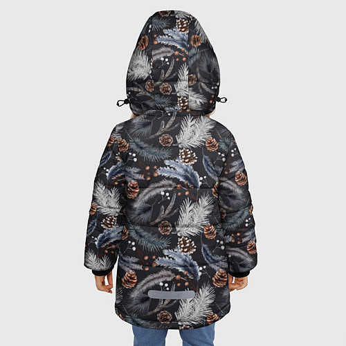 Зимняя куртка для девочки Узор из еловых веток и шишек Акварельный рисунок / 3D-Черный – фото 4