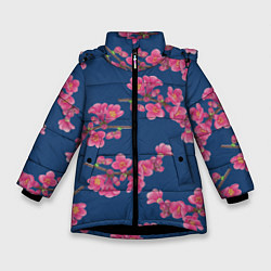 Зимняя куртка для девочки Веточки айвы с розовыми цветами на синем фоне