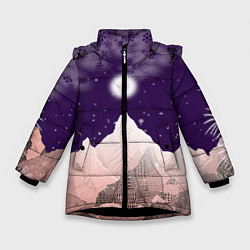 Куртка зимняя для девочки Зимнее лунное небо в горах со снегопадом, цвет: 3D-черный