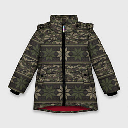 Куртка зимняя для девочки Вязанный камуфляж с цветами, цвет: 3D-красный