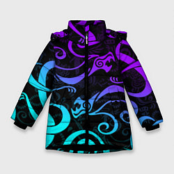 Куртка зимняя для девочки НЕОНОВОЕ ТАТУ ДРАКЕНА УЗОР, цвет: 3D-черный