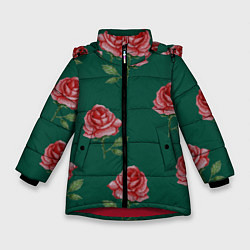 Куртка зимняя для девочки Ярко красные розы на темно-зеленом фоне, цвет: 3D-красный