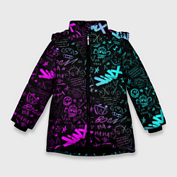 Куртка зимняя для девочки League Of Legends - Arcane неон логотипы, цвет: 3D-черный