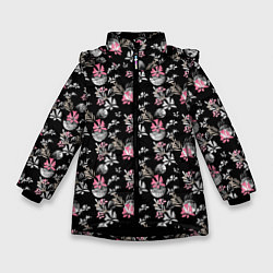 Куртка зимняя для девочки Абстрактный черно-розовый узор, цвет: 3D-черный