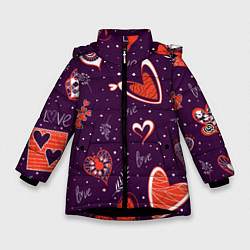 Куртка зимняя для девочки Красно-белые сердечки и слово love на темно фиолет, цвет: 3D-черный