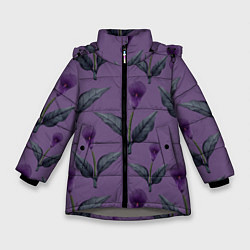 Куртка зимняя для девочки Фиолетовые каллы с зелеными листьями, цвет: 3D-светло-серый