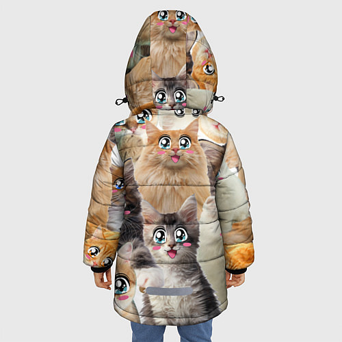 Зимняя куртка для девочки Много кошек с большими анимэ глазами / 3D-Черный – фото 4