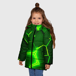Куртка зимняя для девочки 3D ПЛИТЫ НЕОН NEON GREEN HEXAGON РАЗЛОМ, цвет: 3D-черный — фото 2