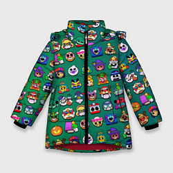 Куртка зимняя для девочки Значки на скины Бравл Старс Brawl Зеленый градиент, цвет: 3D-красный