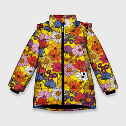 Куртка зимняя для девочки Цветочки-лютики на желтом фоне, цвет: 3D-черный