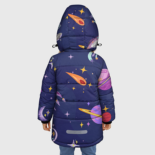 Зимняя куртка для девочки Космический дизайн с планетами, звёздами и ракетам / 3D-Черный – фото 4