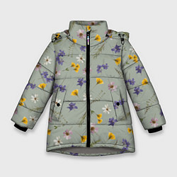 Куртка зимняя для девочки Простой цветочный принт на зеленом фоне, цвет: 3D-светло-серый