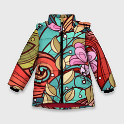 Куртка зимняя для девочки Цветочный принт - арт, цвет: 3D-красный