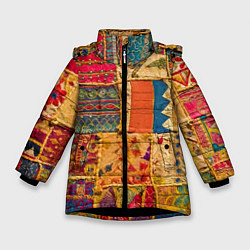 Куртка зимняя для девочки Пэчворк Лоскутное одеяло Patchwork Quilt, цвет: 3D-черный