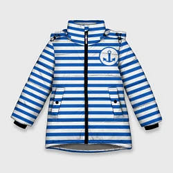 Куртка зимняя для девочки Морская тельняшка - бело-синие полосы и якорь, цвет: 3D-светло-серый