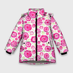 Куртка зимняя для девочки Яркие розовые цветы в дудл стиле, абстракция, цвет: 3D-светло-серый